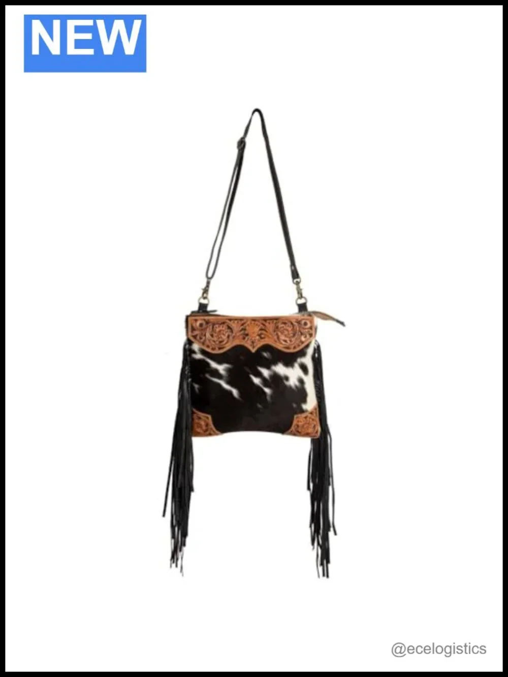 Tooled Leather Cowhide Handbag with Hand-Etched Patterns, Shoulder Strap